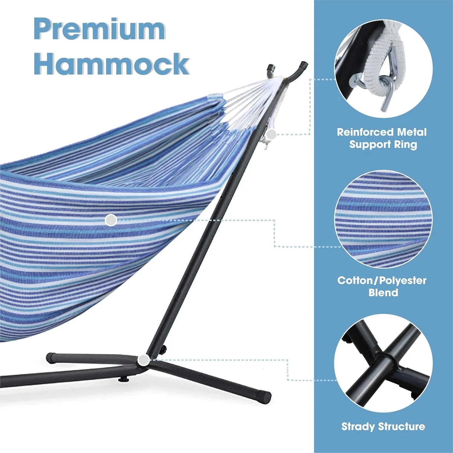 550lbs Capacity Double Hammock Adjustable Hammock Bed with 10ft Heavy Duty Steel Stand Includes Portable Carrying Case, Easy Set up European Style Blue Stripes