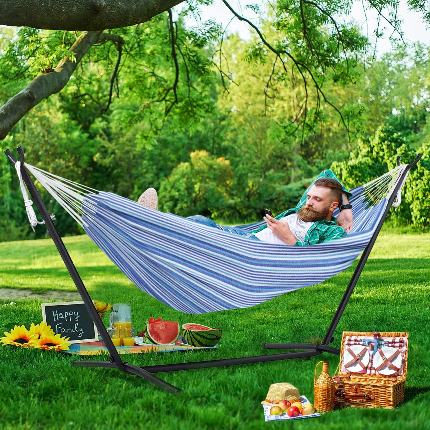 550lbs Capacity Double Hammock Adjustable Hammock Bed with 10ft Heavy Duty Steel Stand Includes Portable Carrying Case, Easy Set up European Style Blue Stripes
