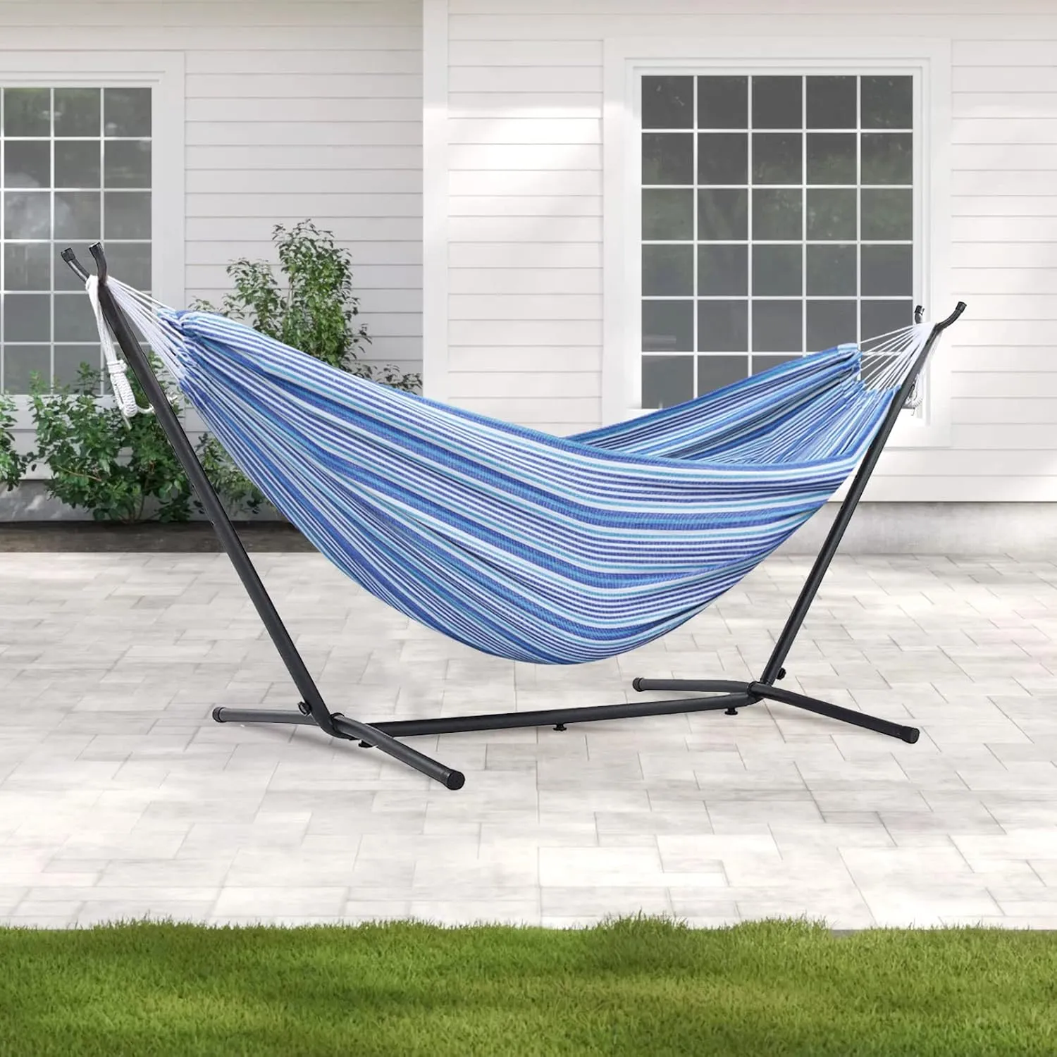 550lbs Capacity Double Hammock Adjustable Hammock Bed with 10ft Heavy Duty Steel Stand Includes Portable Carrying Case, Easy Set up European Style Blue Stripes