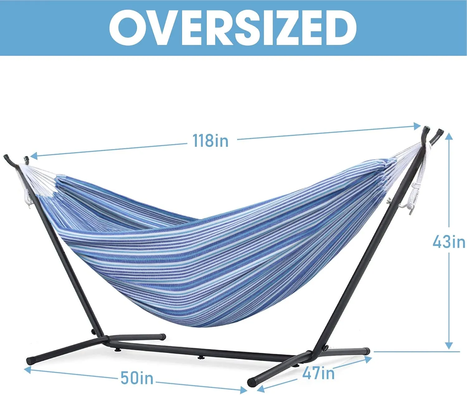 550lbs Capacity Double Hammock Adjustable Hammock Bed with 10ft Heavy Duty Steel Stand Includes Portable Carrying Case, Easy Set up European Style Blue Stripes