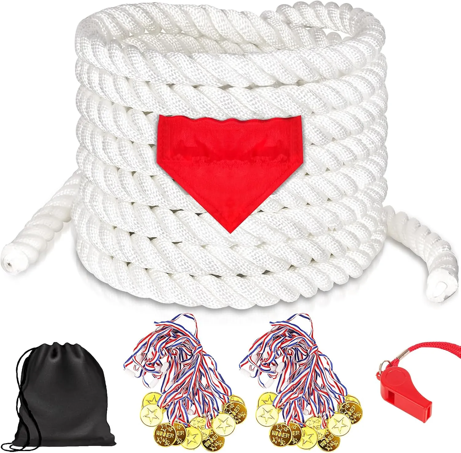 60Ft Tug of War Rope for Kids and Adults, Outdoor Lawn Yard Family Reunion Birthday Party Games, Tug of War Rope with Flag for Team Building Activities Field Day Game Carnival Games (White)