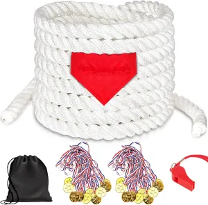 60Ft Tug of War Rope for Kids and Adults, Outdoor Lawn Yard Family Reunion Birthday Party Games, Tug of War Rope with Flag for Team Building Activities Field Day Game Carnival Games (White)