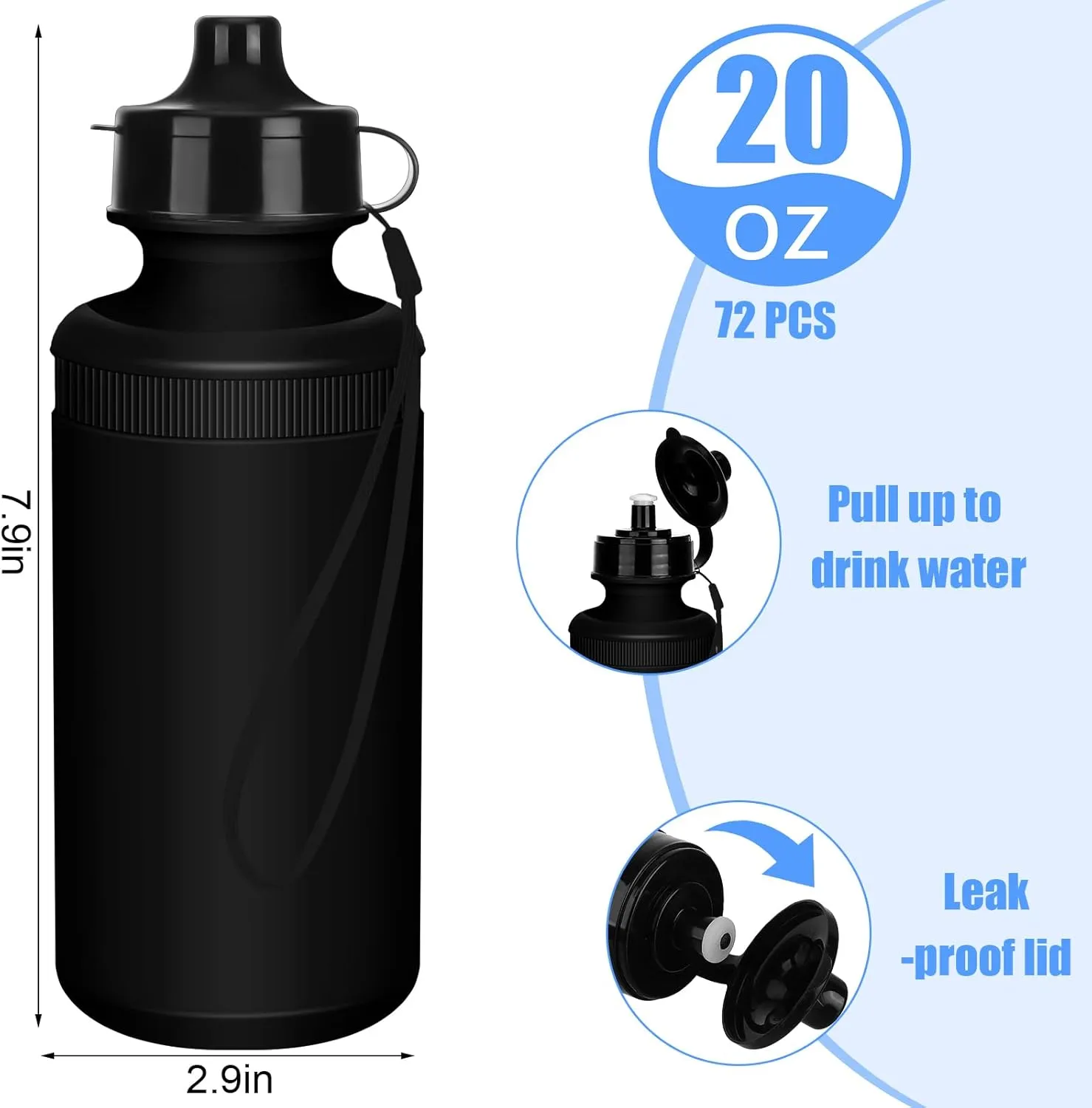 72 Pcs Sports Water Bottles Bulk 20 oz Squeeze Reusable Plastic Water Bottles with Nylon Strap Leak Proof Blank DIY Cups for School Football Team Beach Summer Graduation Gifts