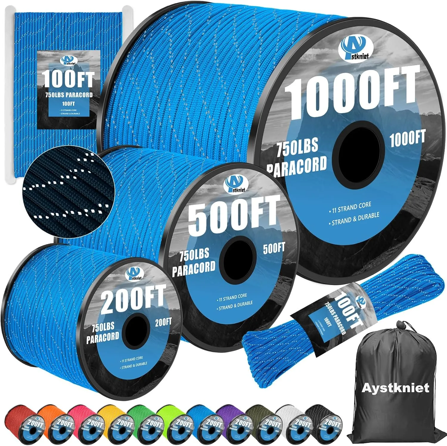 750Ib Reflective Paracord Rope,100' 200' 500' 1000', 4mm 11 Strand Parachute Spool Cord with Collecting Bag, para Cord Lanyard for Hammock, Camping