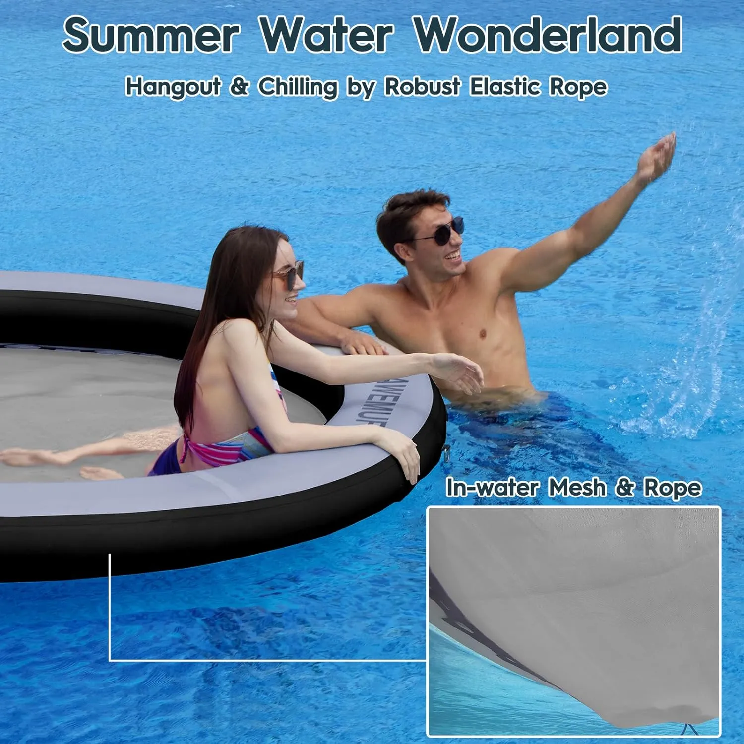 8ft Water Hammock 8 inches Thick Round Float Ring with Mesh Lake Floats for Adults Heavy Duty Circle Floating Mat for Pool Inflatable Water Raft for Summer Parties