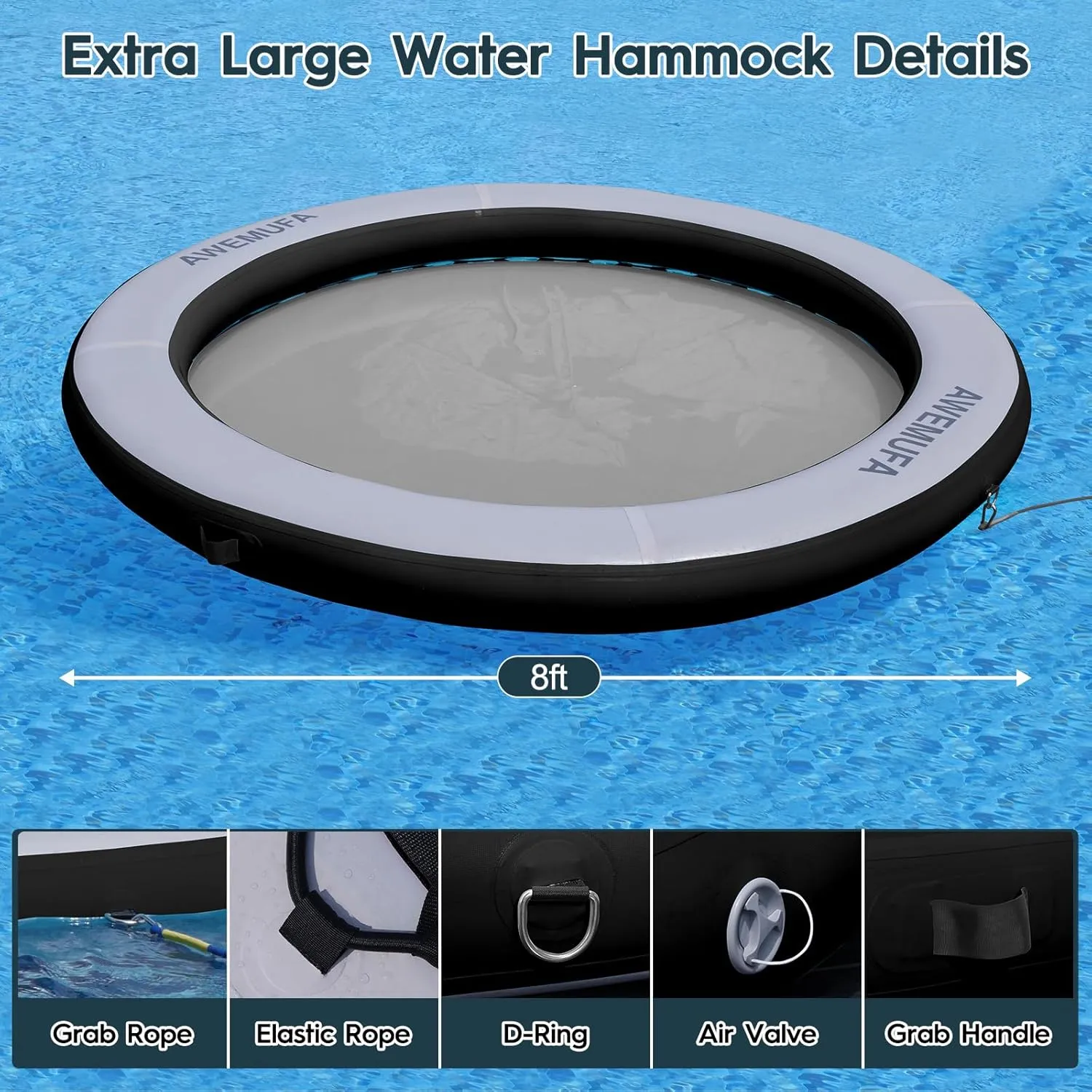 8ft Water Hammock 8 inches Thick Round Float Ring with Mesh Lake Floats for Adults Heavy Duty Circle Floating Mat for Pool Inflatable Water Raft for Summer Parties
