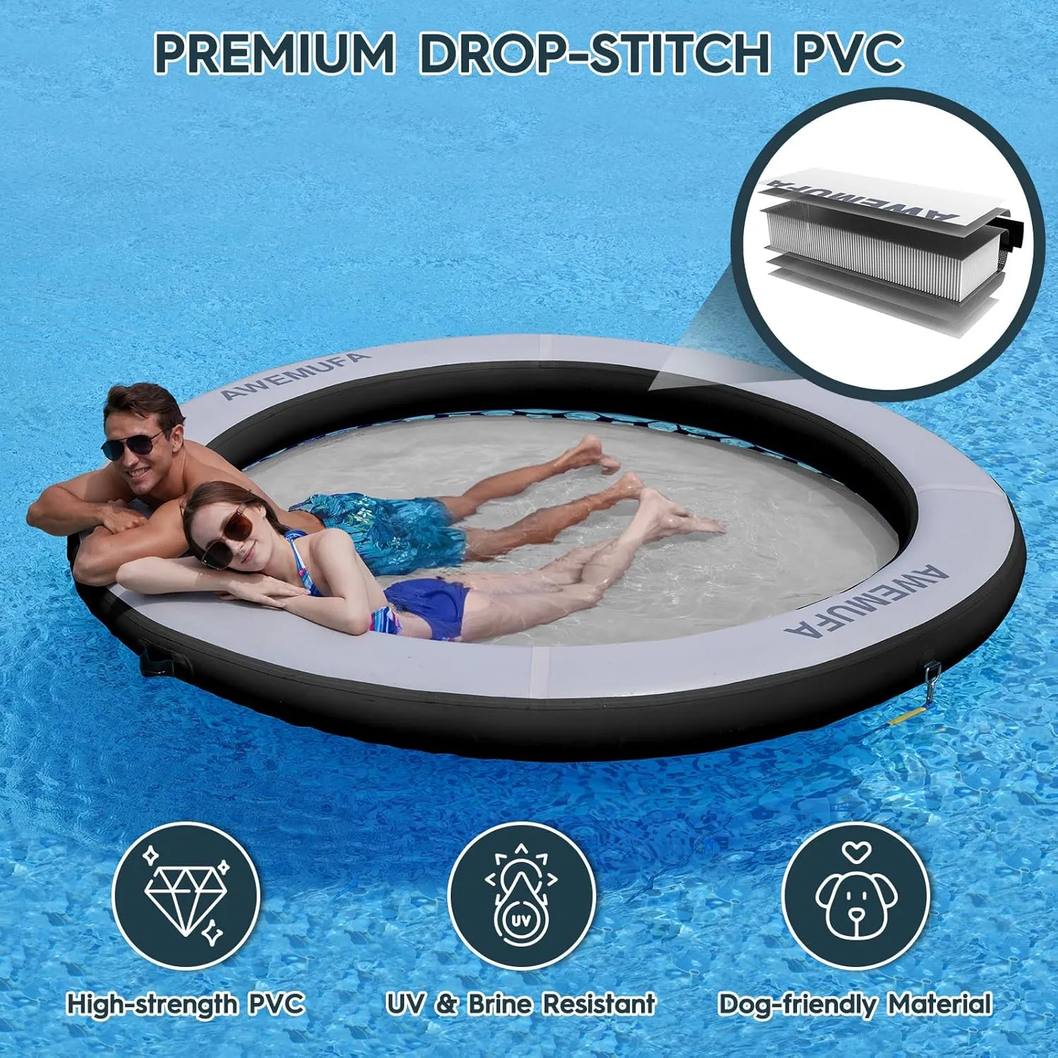 8ft Water Hammock 8 inches Thick Round Float Ring with Mesh Lake Floats for Adults Heavy Duty Circle Floating Mat for Pool Inflatable Water Raft for Summer Parties