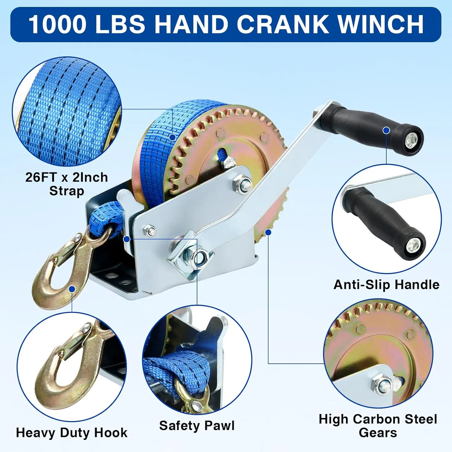 8milelake 1000lbs Hand Winch Hand Crank Strap Gear Winch Polyester Strap ATV Boat Trailer Heavy Duty