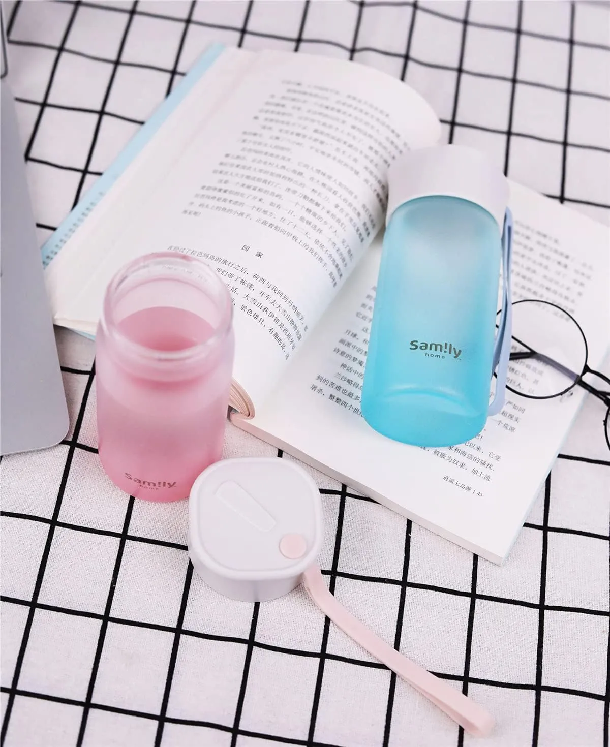8oz Silicone Coated Small Glass Water Bottle with leak-proof Lid,Lightweight and portable for walking travel sport(Blue Bottle)