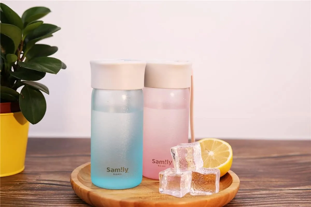 8oz Silicone Coated Small Glass Water Bottle with leak-proof Lid,Lightweight and portable for walking travel sport(Blue Bottle)