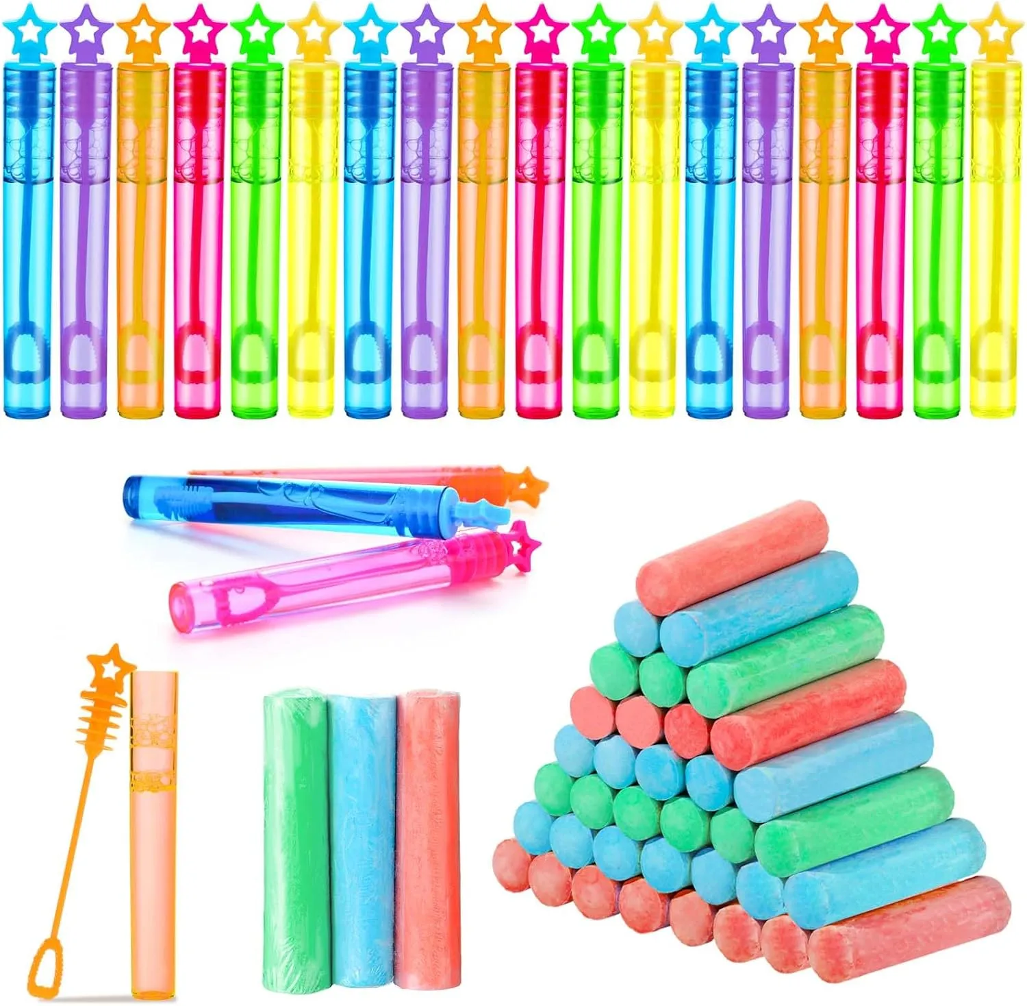 96 Pcs Summer Party Favors Set 24 Packs Jumbo Sidewalk Chalk Individual Packs and 24 Pcs Star Bubble Wands End of Year Gifts for Student Boys Girls Preschool Graduation Birthday Goodie Bag Stuffers