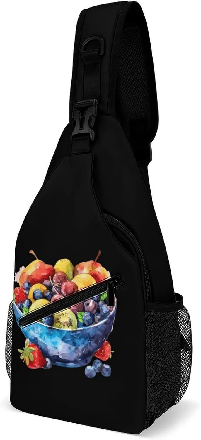 A Bowl with Fruits Watercolor Printed Crossbody Sling Bag Chest Bags Shoulder Backpack for Travel Sport