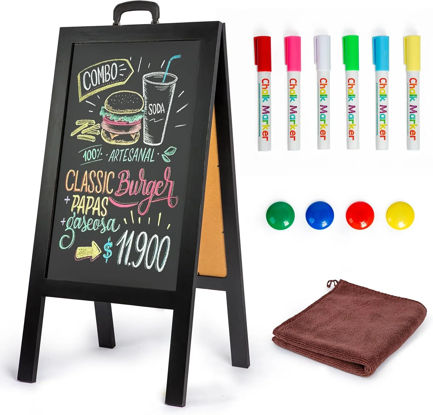 A Frame Chalkboard Sign, 40x20 Magnetic & Double-Sided Chalkboard with Portable Handle, Outdoor and Indoor Use Chalk Board Set with Markers, Magnets, & Eraser (Black)