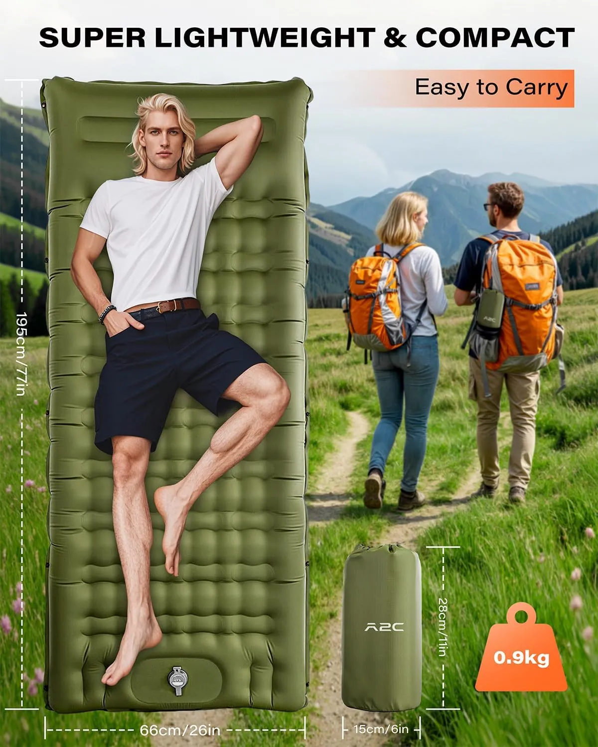 A2C Camping Sleeping Pad, Ultralight Inflatable Sleeping Pads with Built-in Foot Pump & Pillow, Compact Camping Mattress for Backpacking, Hiking, and Traveling