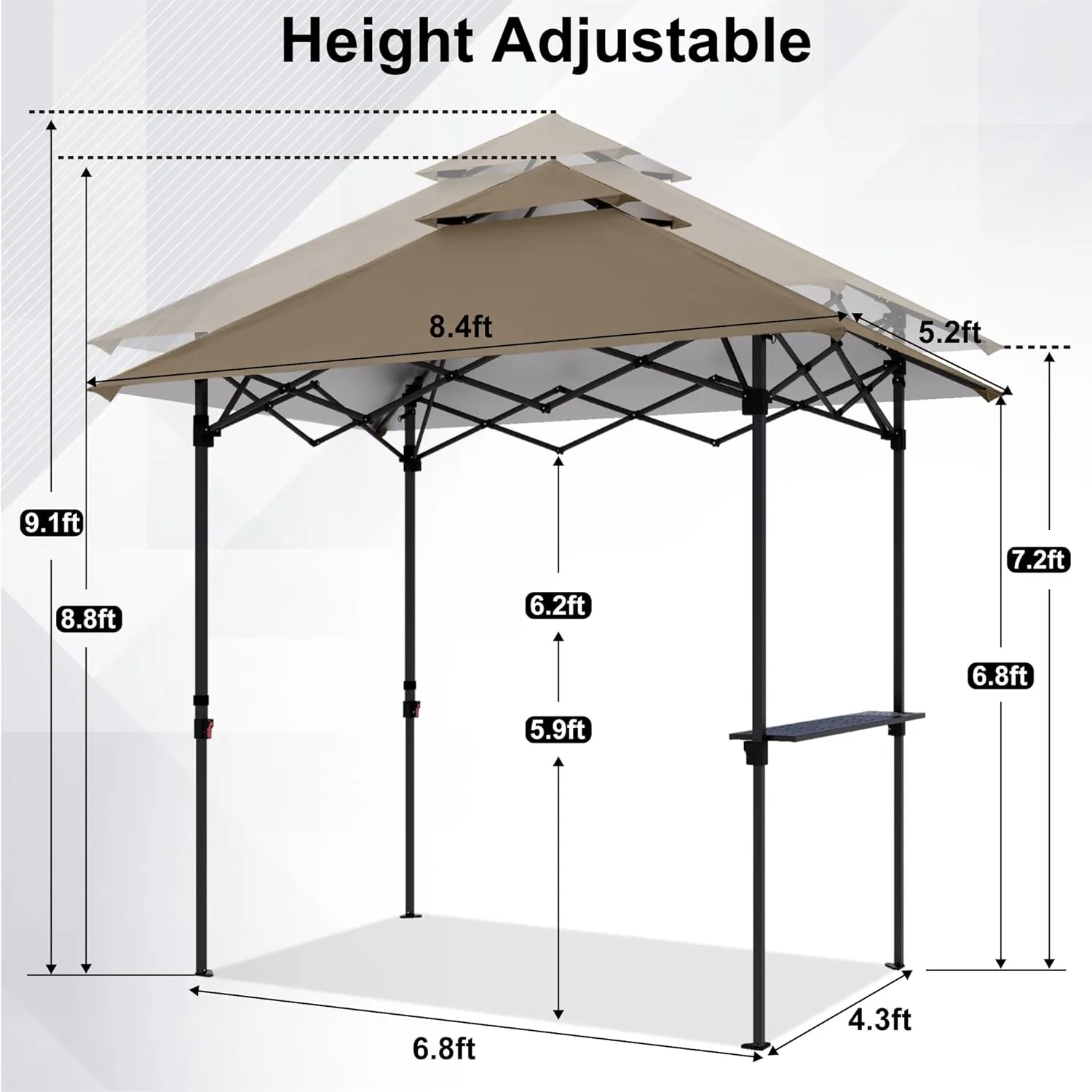 ABCCANOPY 8x5 Pop Up Grill Gazebo - Outdoor BBQ Canopy with Shelf & Sidewall, Portable Barbeque Shelter with 2 Magnetic LED Lights, Carry Bag for Patio Garden Events Picnic Grilling, Khaki