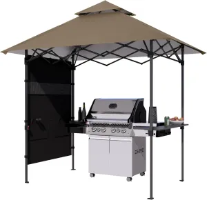ABCCANOPY 8x5 Pop Up Grill Gazebo - Outdoor BBQ Canopy with Shelf & Sidewall, Portable Barbeque Shelter with 2 Magnetic LED Lights, Carry Bag for Patio Garden Events Picnic Grilling, Khaki