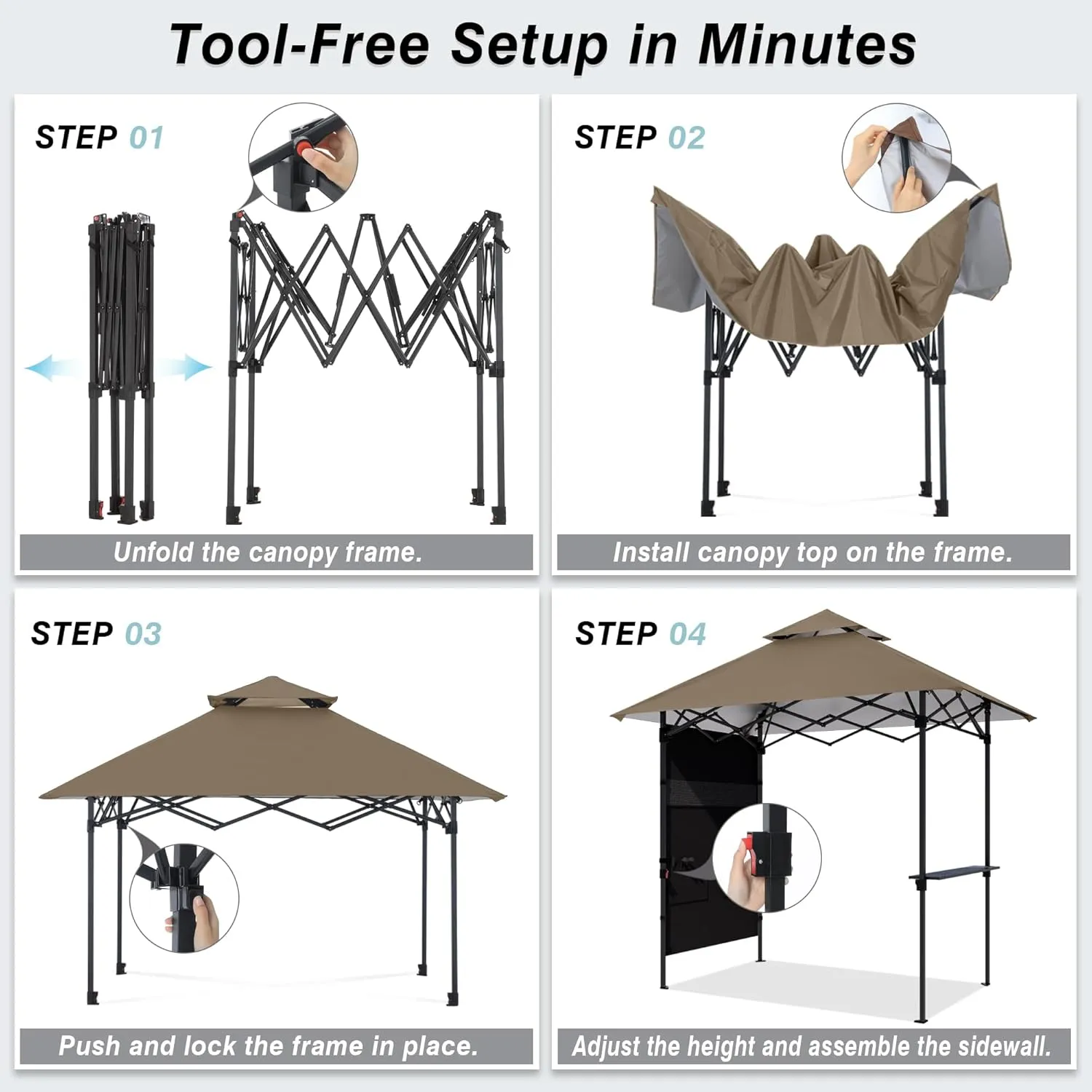 ABCCANOPY 8x5 Pop Up Grill Gazebo - Outdoor BBQ Canopy with Shelf & Sidewall, Portable Barbeque Shelter with 2 Magnetic LED Lights, Carry Bag for Patio Garden Events Picnic Grilling, Khaki