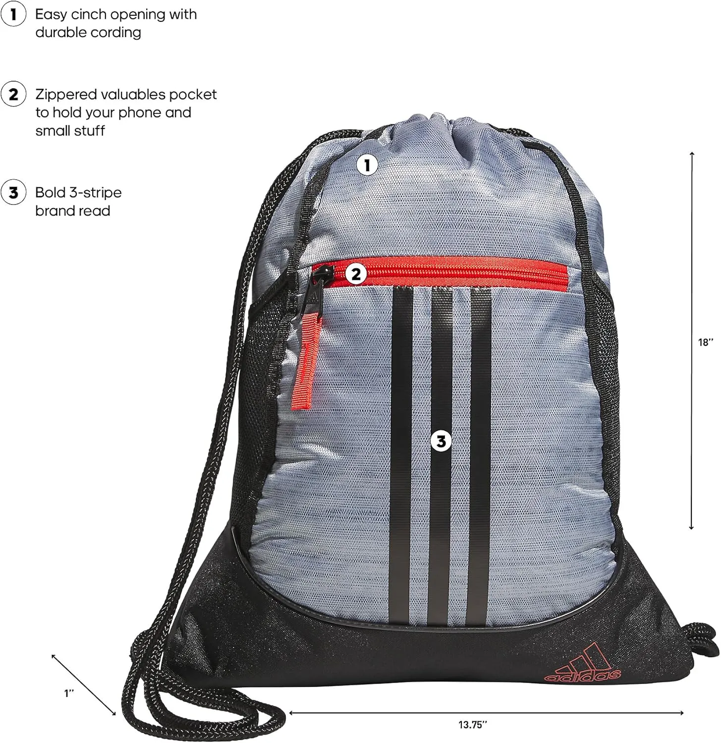 adidas Alliance Sackpack (12L) Lightweight Athletic Small Drawstring Team Sports Workout Bag Discontinued, Two Tone Grey Two/Black/Bright Red, One Size
