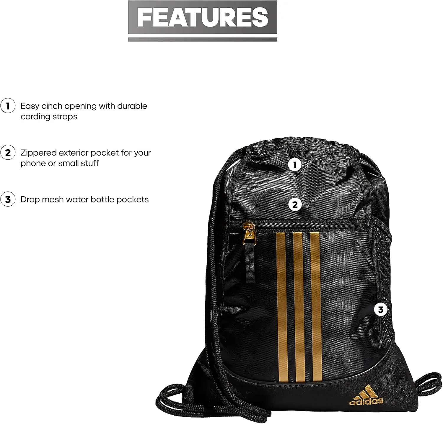 adidas Alliance Sackpack, Drawstring Backpack, Lightweight Small Gym Bag for Women and Men, Black/Gold Metallic/Black, One Size