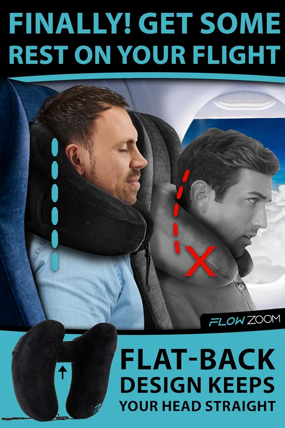 Air Inflatable Neck Pillow for Traveling on Plane - H-Shape Hooded Airplane Pillow with 5 Snooze Modes, Fast Inflation, Pressure Control, Cozy Clip-On Hood & Plushy Cover - Size L, Jet Black