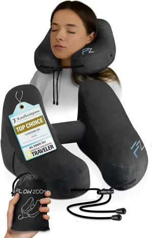 Air Inflatable Neck Pillow for Traveling on Plane - H-Shape Hooded Airplane Pillow with 5 Snooze Modes, Fast Inflation, Pressure Control, Cozy Clip-On Hood & Plushy Cover - Size L, Jet Black