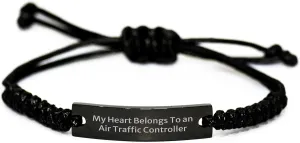 Air Traffic Controller Gift, My Heart Belongs To An Air Traffic Controller, Black Stainless Steel Rope Bracelet, Adjustable Size, Organza Bag, Christmas