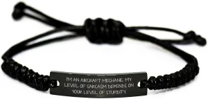 Aircraft Mechanic Humor Rope Bracelet Gifts from Friends for Birthday, Funny Aviation Quote Engraved Black Stainless Steel Adjustable 3.34-9.84in