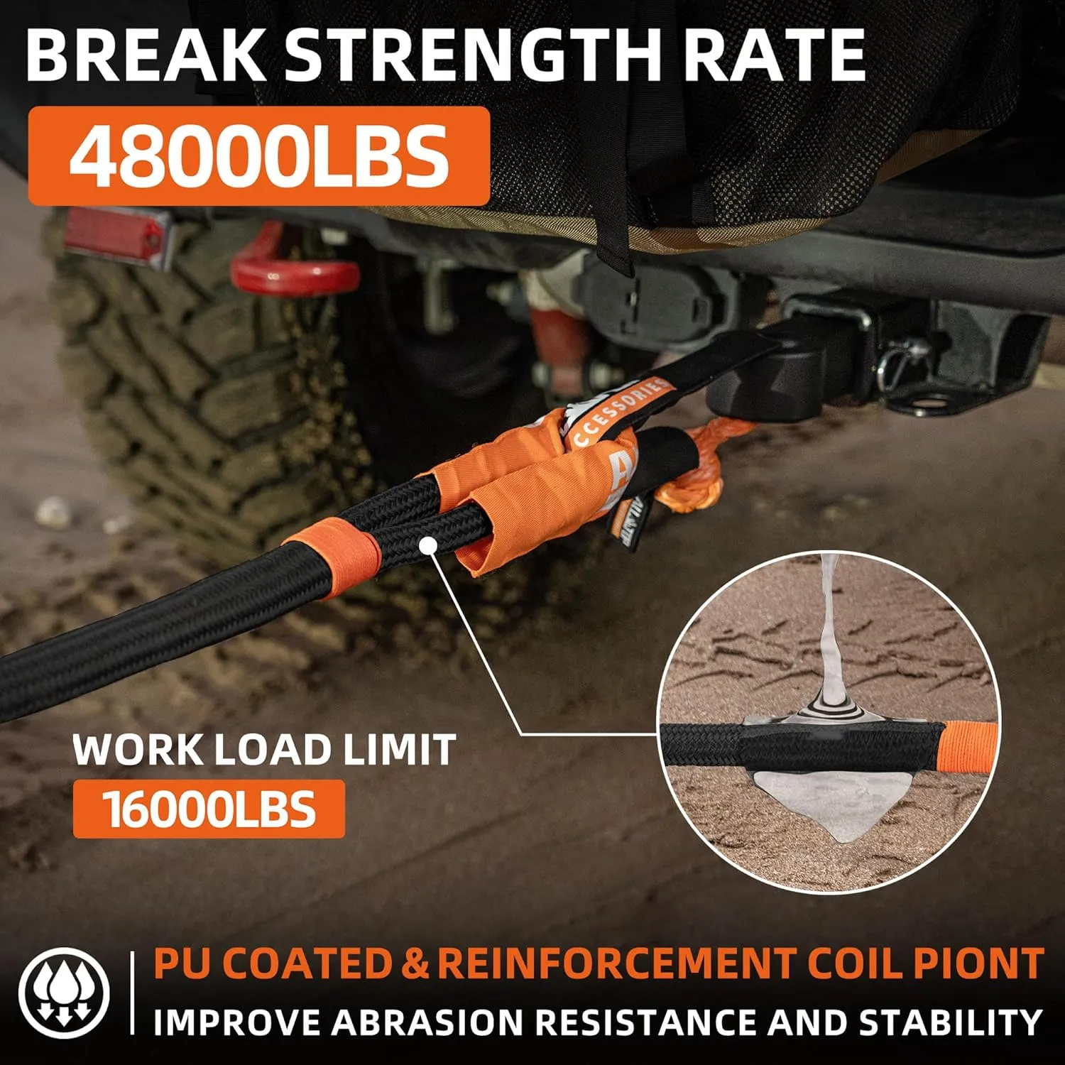 ALL-TOP Kinetic Recovery Rope, 48000Lbs, 1in x 30ft, Heavy Duty 30 % Elasticity, 16000Lbs Work Load Limit for 4x4 Offroad Vehicle