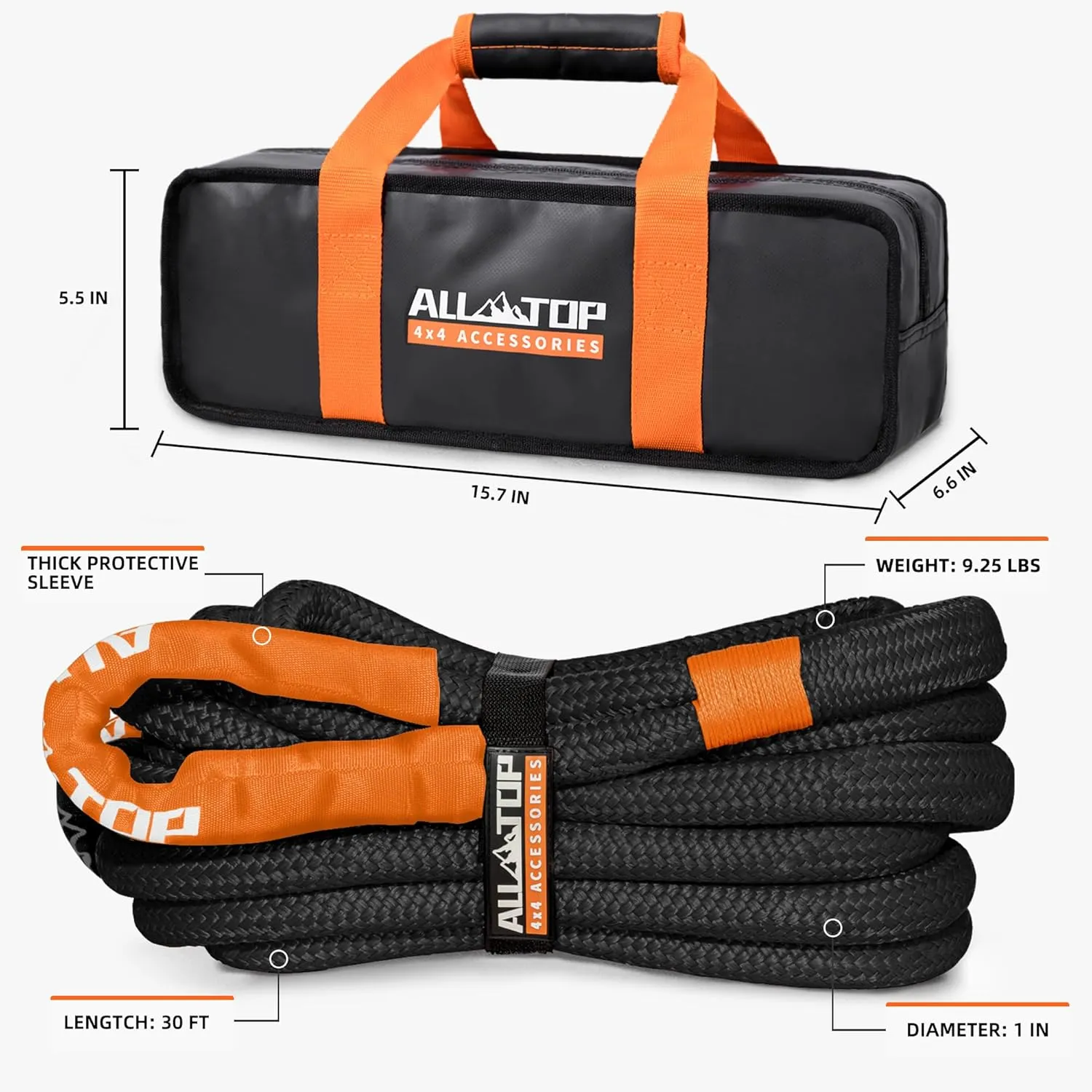 ALL-TOP Kinetic Recovery Rope, 48000Lbs, 1in x 30ft, Heavy Duty 30 % Elasticity, 16000Lbs Work Load Limit for 4x4 Offroad Vehicle