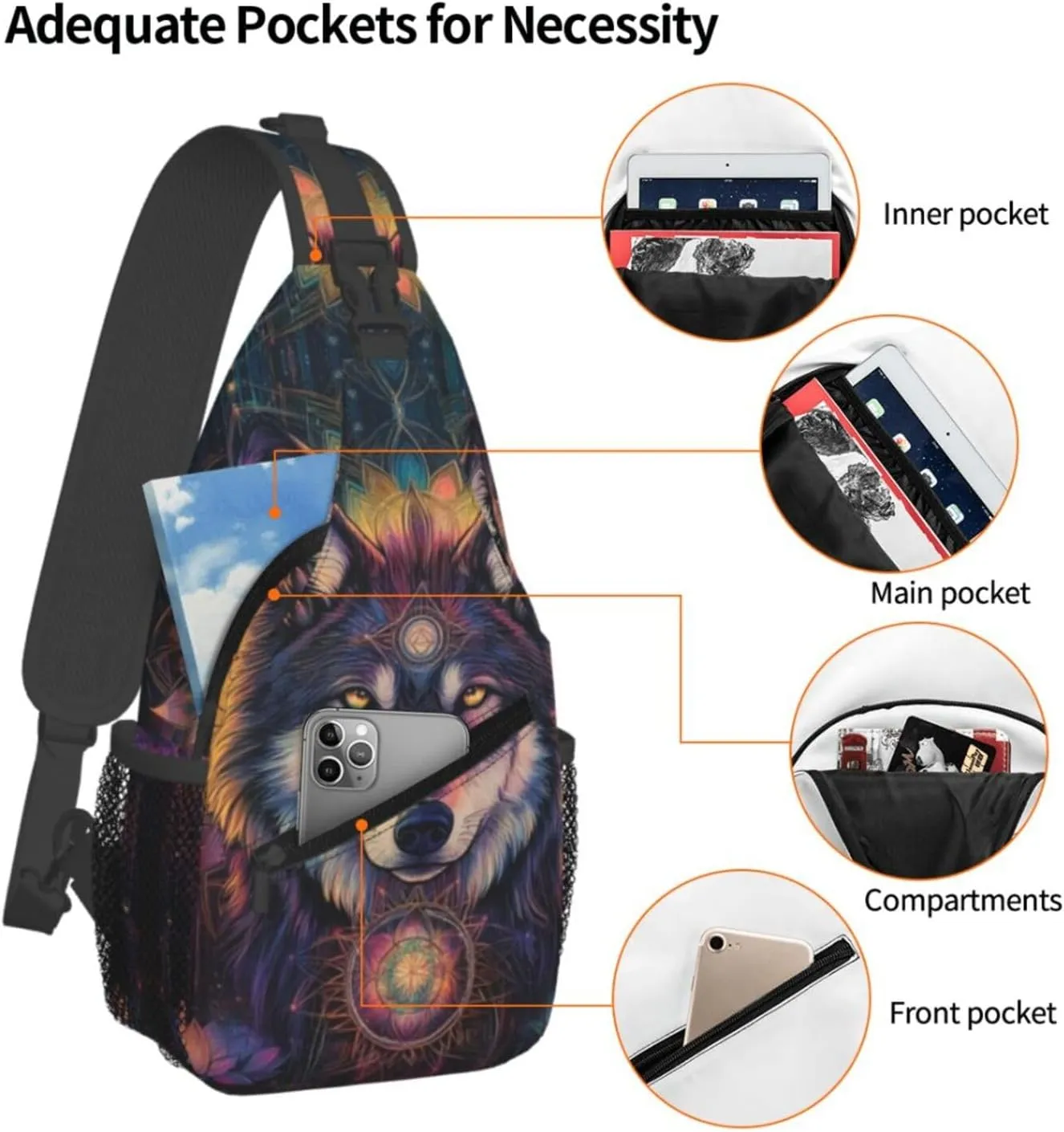Alpha Wolf Head and Flowers Crossbody Bag Fitness Sports Travel Hiking Backpack National Culture Chest Bag Shoulder Bag for Women and Men