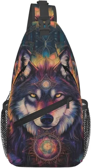 Alpha Wolf Head and Flowers Crossbody Bag Fitness Sports Travel Hiking Backpack National Culture Chest Bag Shoulder Bag for Women and Men