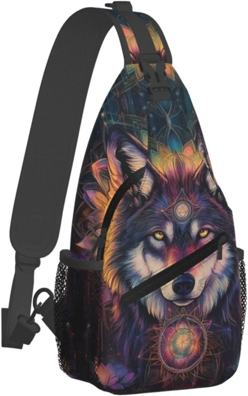Alpha Wolf Head and Flowers Crossbody Bag Fitness Sports Travel Hiking Backpack National Culture Chest Bag Shoulder Bag for Women and Men