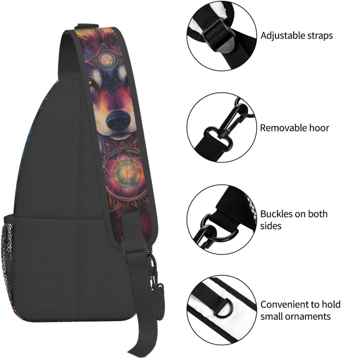 Alpha Wolf Head and Flowers Crossbody Bag Fitness Sports Travel Hiking Backpack National Culture Chest Bag Shoulder Bag for Women and Men