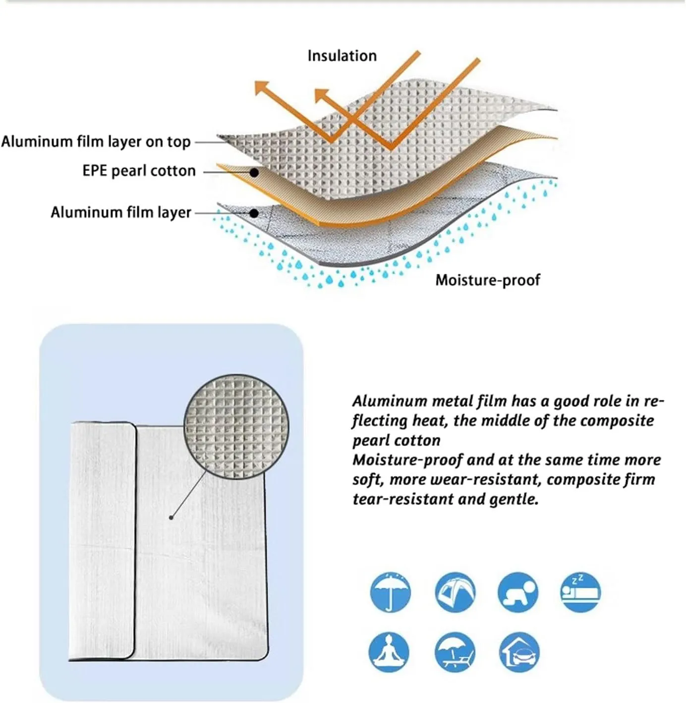 Aluminium Foil Sleeping Mat Foam Mats 4mm Thick Outdoor Double-Sided Moisture-Proof Foldable Tent Floor Mat Heat Insulating Blanket Thermal Camping Ultralight Silver