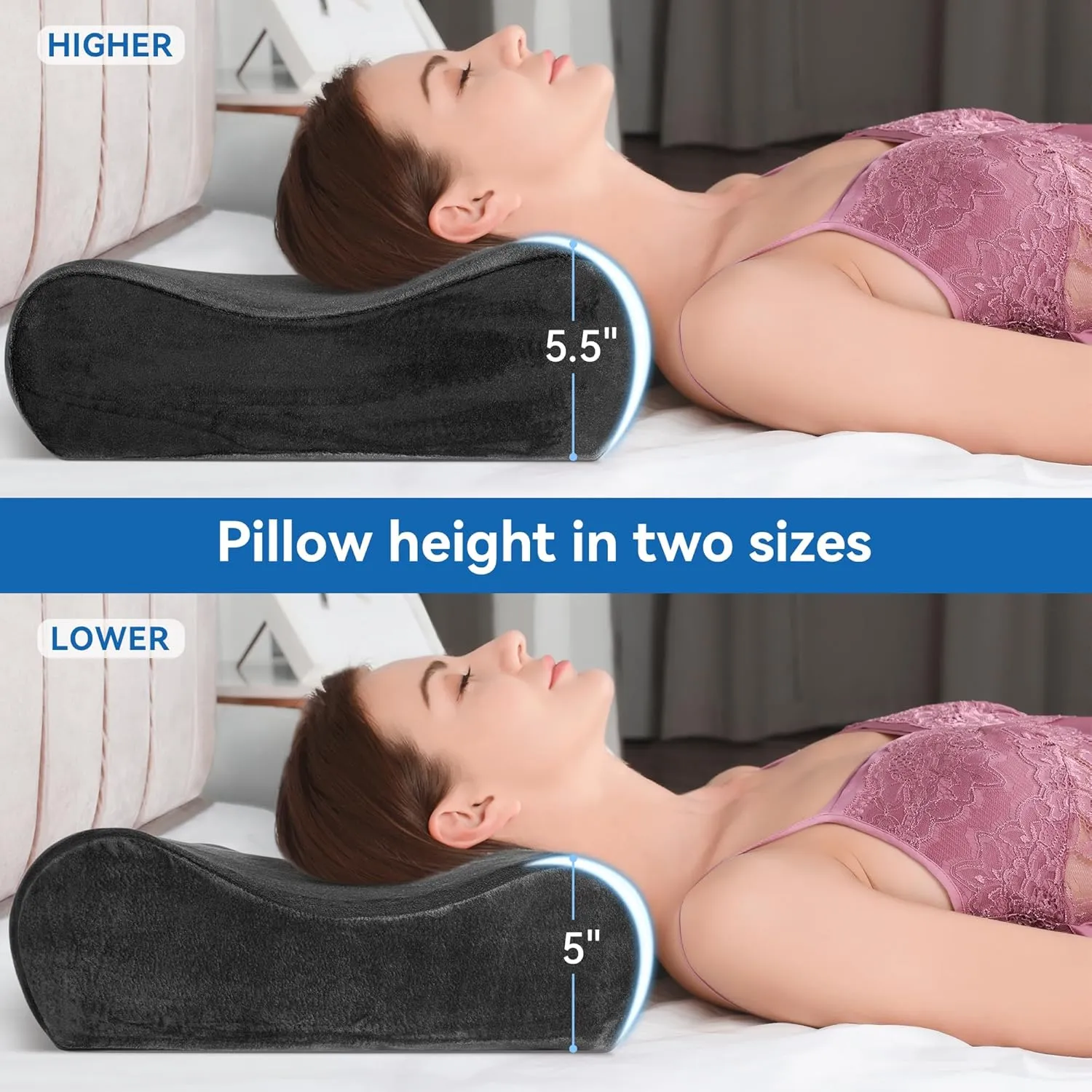 AM AEROMAX 32" King Size Contour Memory Foam Pillow, Neck Pillow for Neck Pain Relief, Neck Orthopedic Sleeping Pillows for Side, Back and Stomach Sleepers(Black,Velvet)
