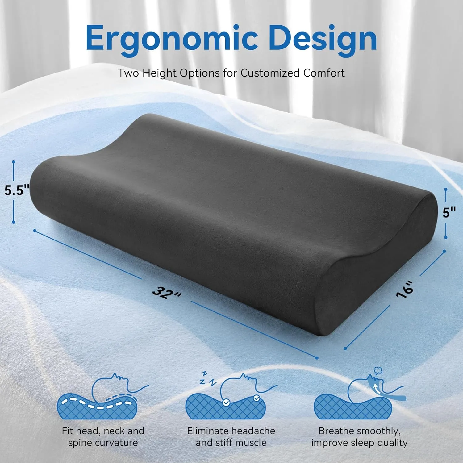 AM AEROMAX 32" King Size Contour Memory Foam Pillow, Neck Pillow for Neck Pain Relief, Neck Orthopedic Sleeping Pillows for Side, Back and Stomach Sleepers(Black,Velvet)