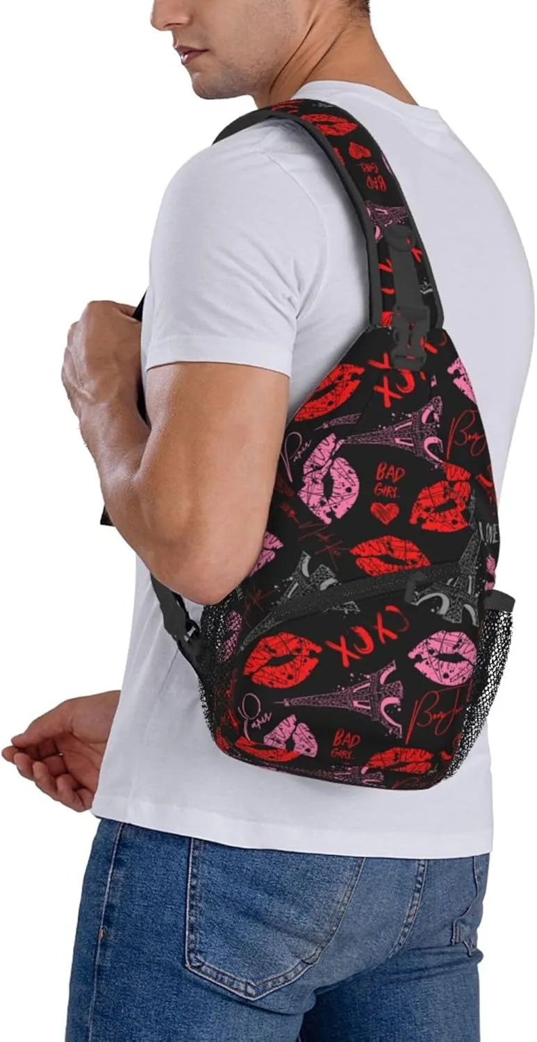 AMRANDOM Crossbody Sling Backpack Travel Eiffel Tower Kiss Lip Print Shoulder Sling Daypack