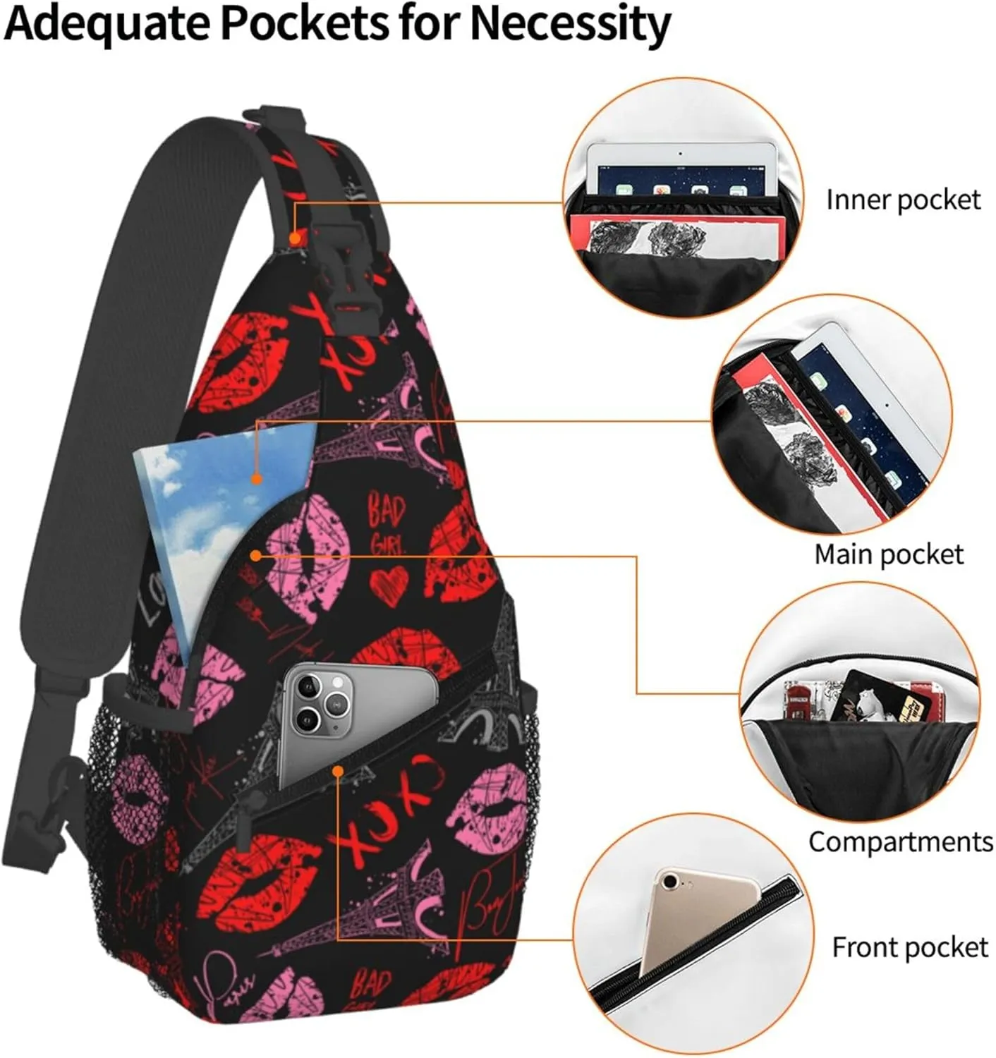 AMRANDOM Crossbody Sling Backpack Travel Eiffel Tower Kiss Lip Print Shoulder Sling Daypack