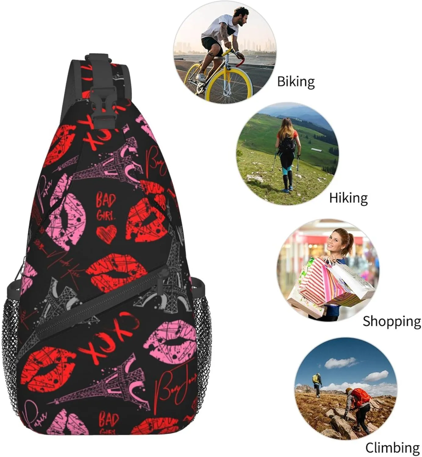 AMRANDOM Crossbody Sling Backpack Travel Eiffel Tower Kiss Lip Print Shoulder Sling Daypack