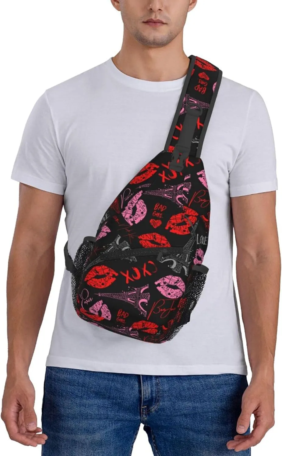 AMRANDOM Crossbody Sling Backpack Travel Eiffel Tower Kiss Lip Print Shoulder Sling Daypack