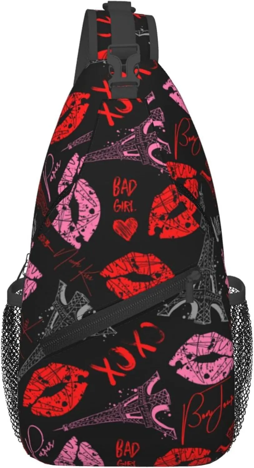 AMRANDOM Crossbody Sling Backpack Travel Eiffel Tower Kiss Lip Print Shoulder Sling Daypack
