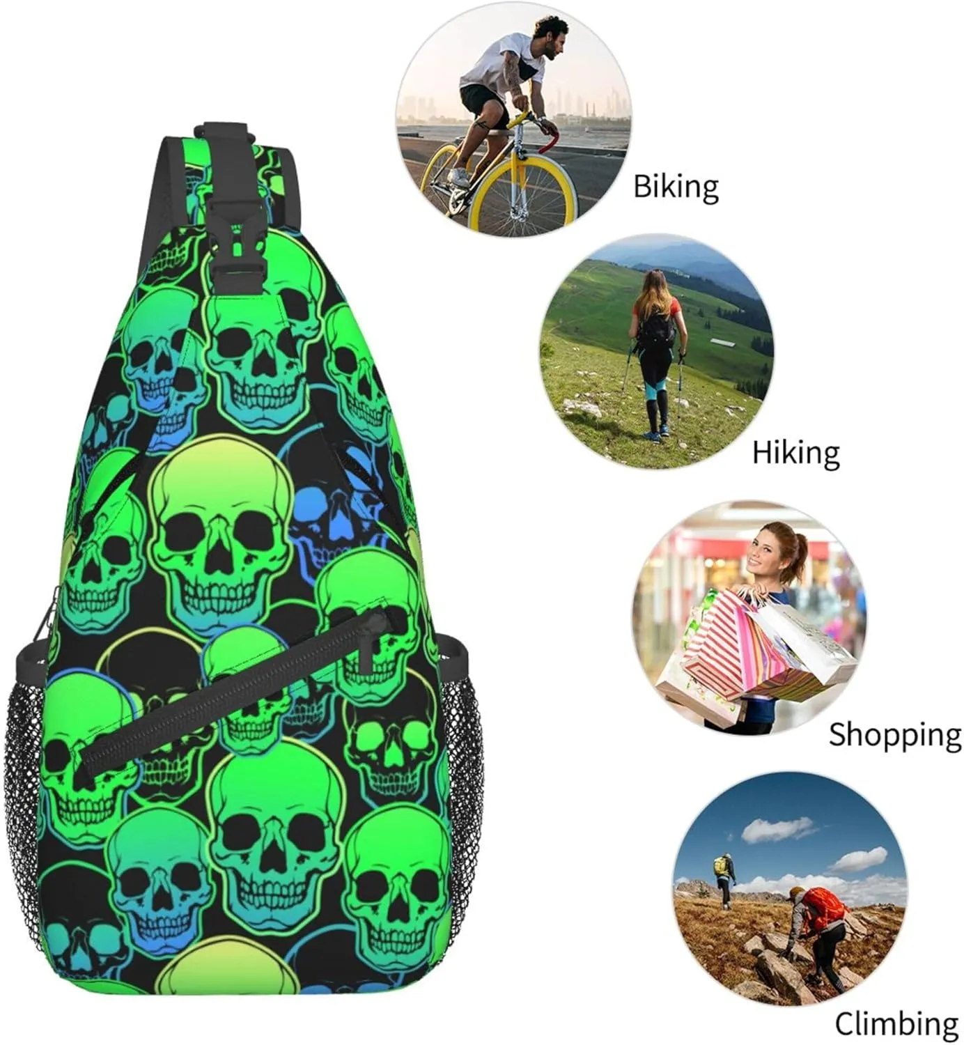 AMRANDOM Sling Bag for Men Women cool green gothic skulls Crossbody Hiking Daypack
