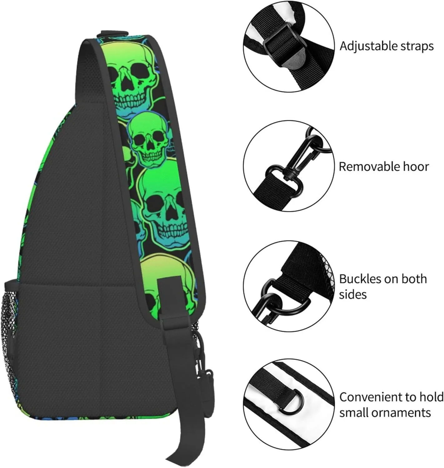 AMRANDOM Sling Bag for Men Women cool green gothic skulls Crossbody Hiking Daypack
