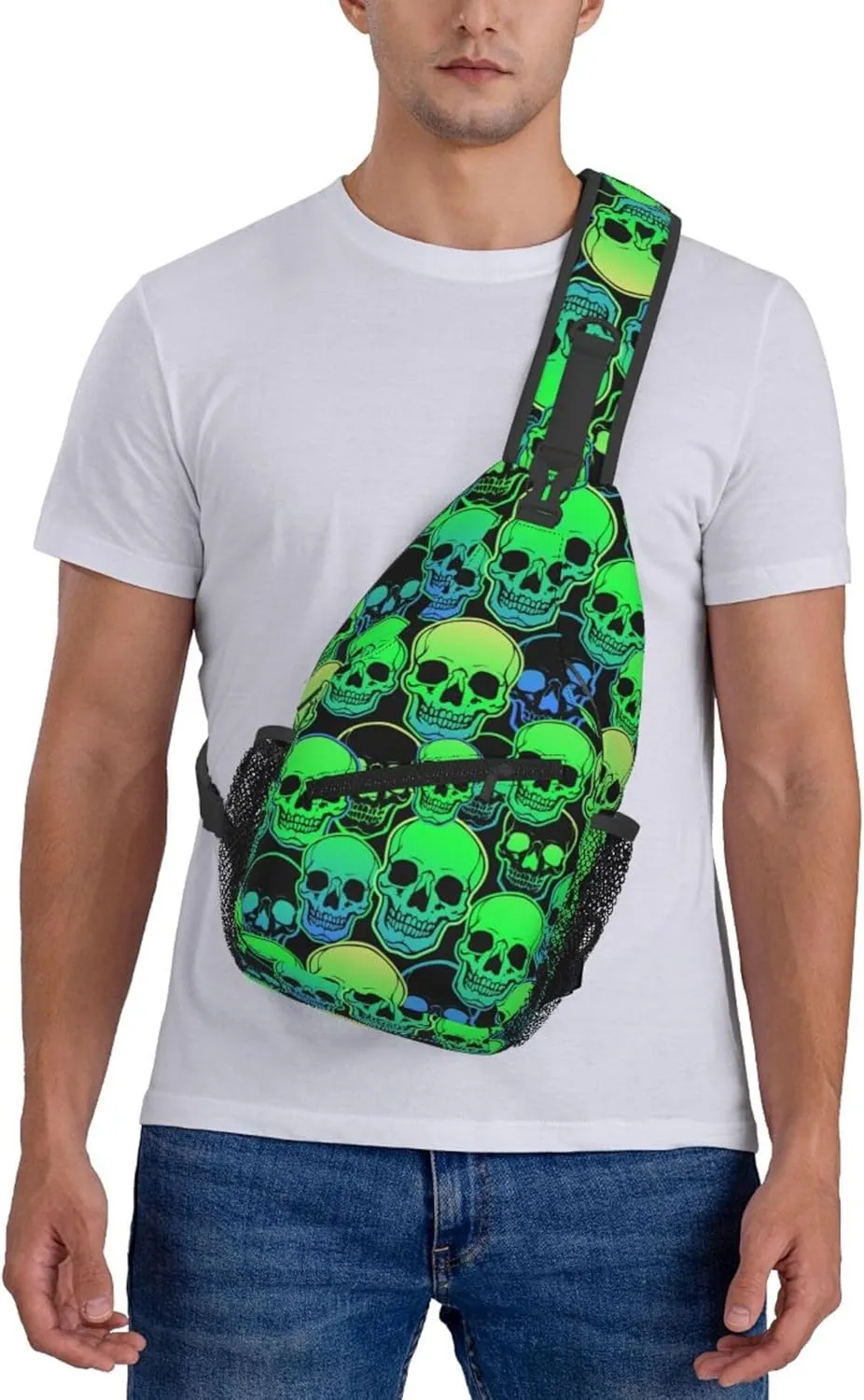 AMRANDOM Sling Bag for Men Women cool green gothic skulls Crossbody Hiking Daypack