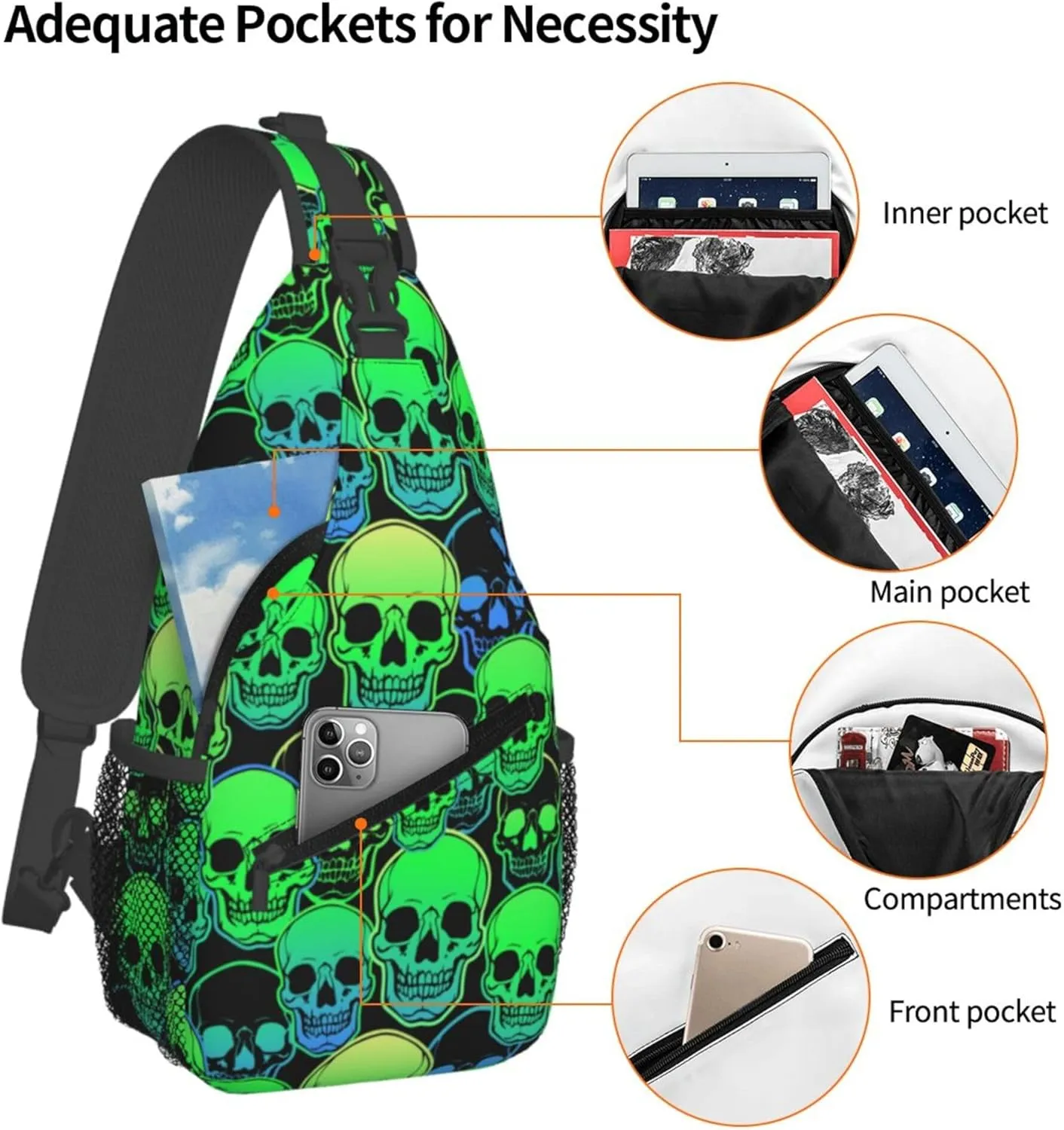 AMRANDOM Sling Bag for Men Women cool green gothic skulls Crossbody Hiking Daypack