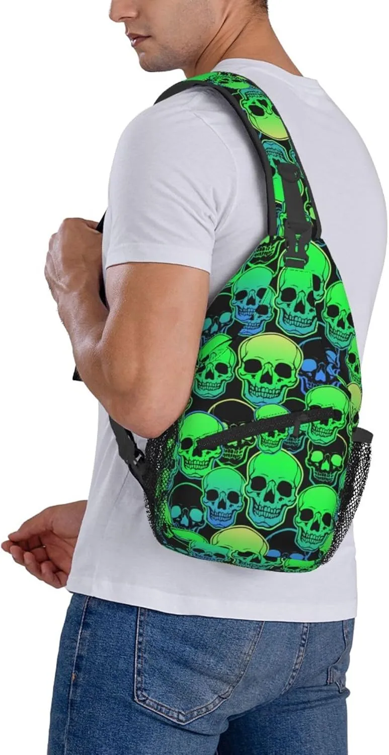 AMRANDOM Sling Bag for Men Women cool green gothic skulls Crossbody Hiking Daypack