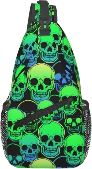 AMRANDOM Sling Bag for Men Women cool green gothic skulls Crossbody Hiking Daypack