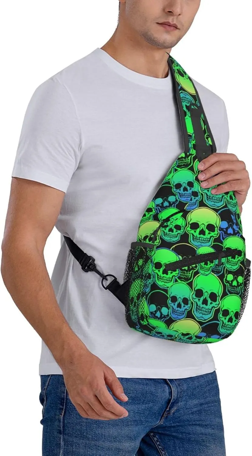 AMRANDOM Sling Bag for Men Women cool green gothic skulls Crossbody Hiking Daypack