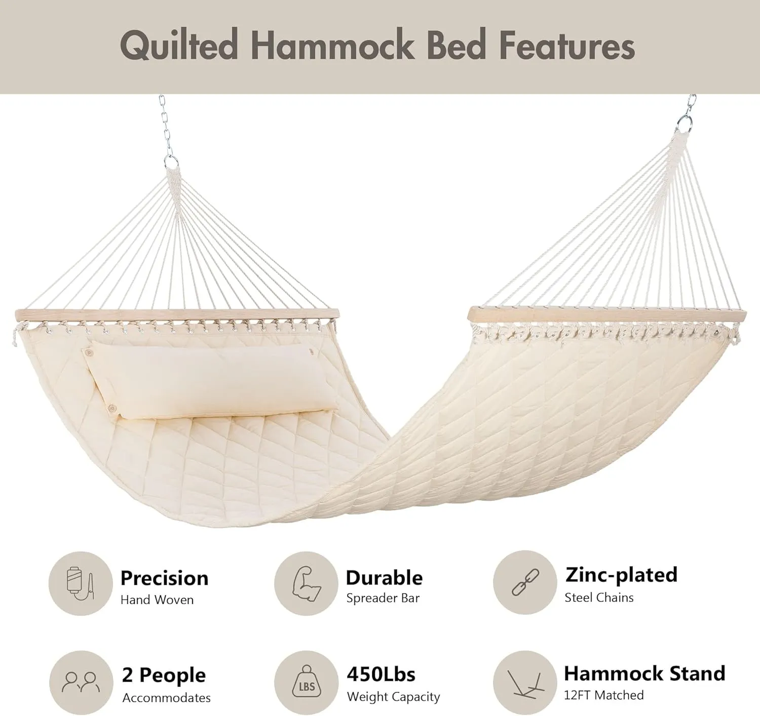 ANOW Two Person Hammock with Spreader Bars and Detachable Pillow, Heavy Duty Hammock for Outdoors Indoors, 450 LBS Weight Capacity, Cream