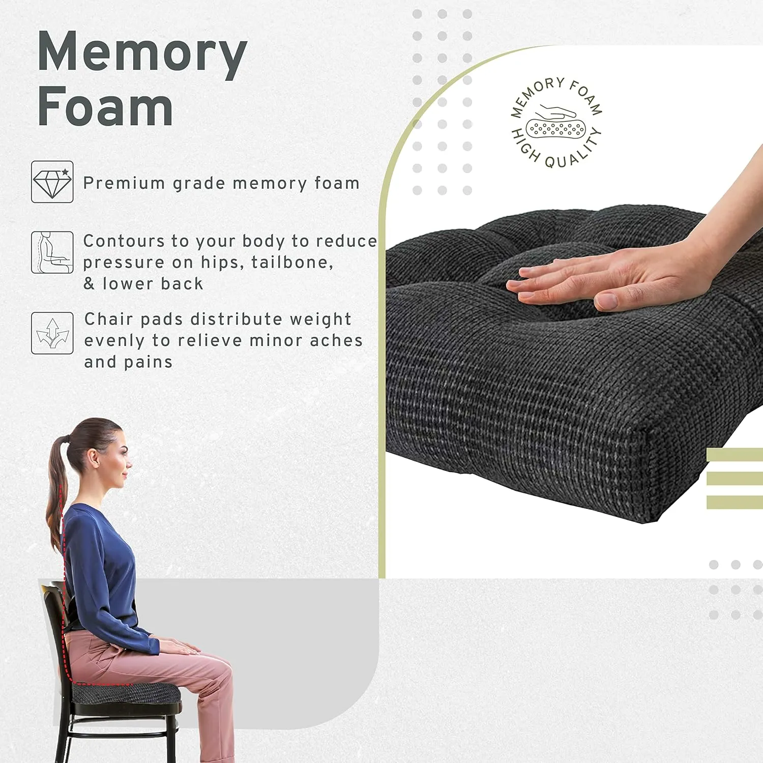 Arlee Memory Foam, Non-Skid Backing Chair Pads, 15.5" L x 15.5" W, Black 2 Count
